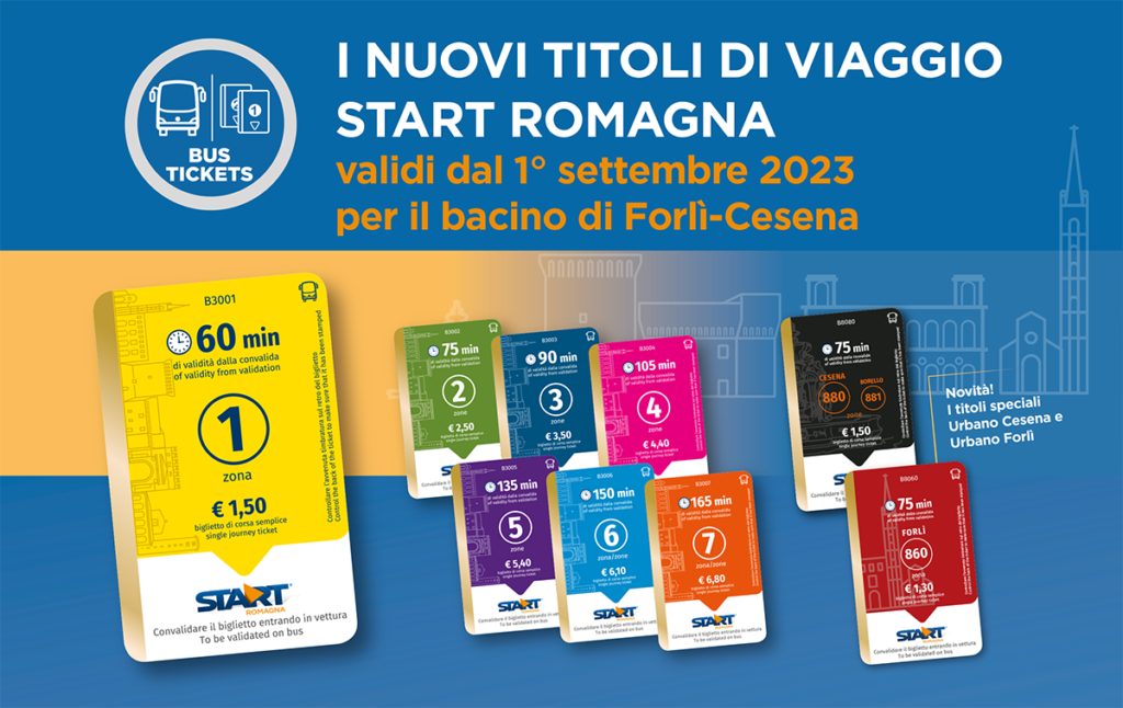 NUOVI TITOLI DI VIAGGIO START ROMAGNA – BACINO DI FORLÌ-CESENA  Dal 1° settembre 2023 nuovi biglietti e tariffe per viaggiare in regola su tutta la rete Start della provincia di Forlì-Cesena. 